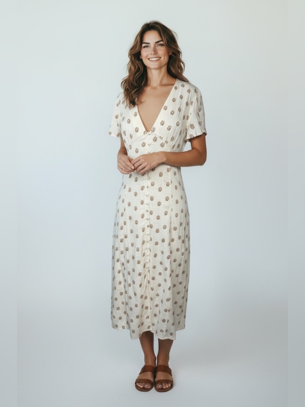 Anthro Bila 77 Floral Button-Down Midi Dress Cream/Neutral Boho Size Medium NWT